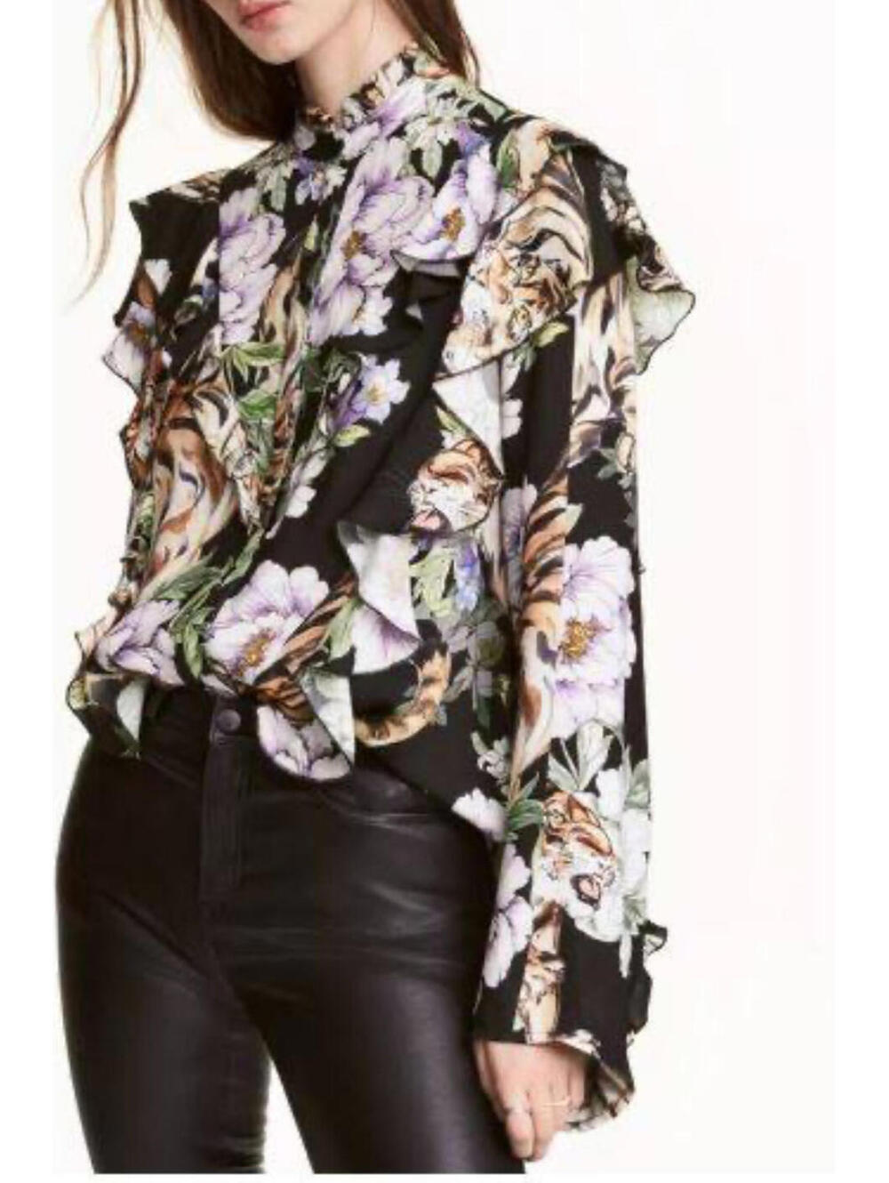 H&M Womens Floral Tiger Button Up Shirt Ruffle Blouse Size 10 80s Japan